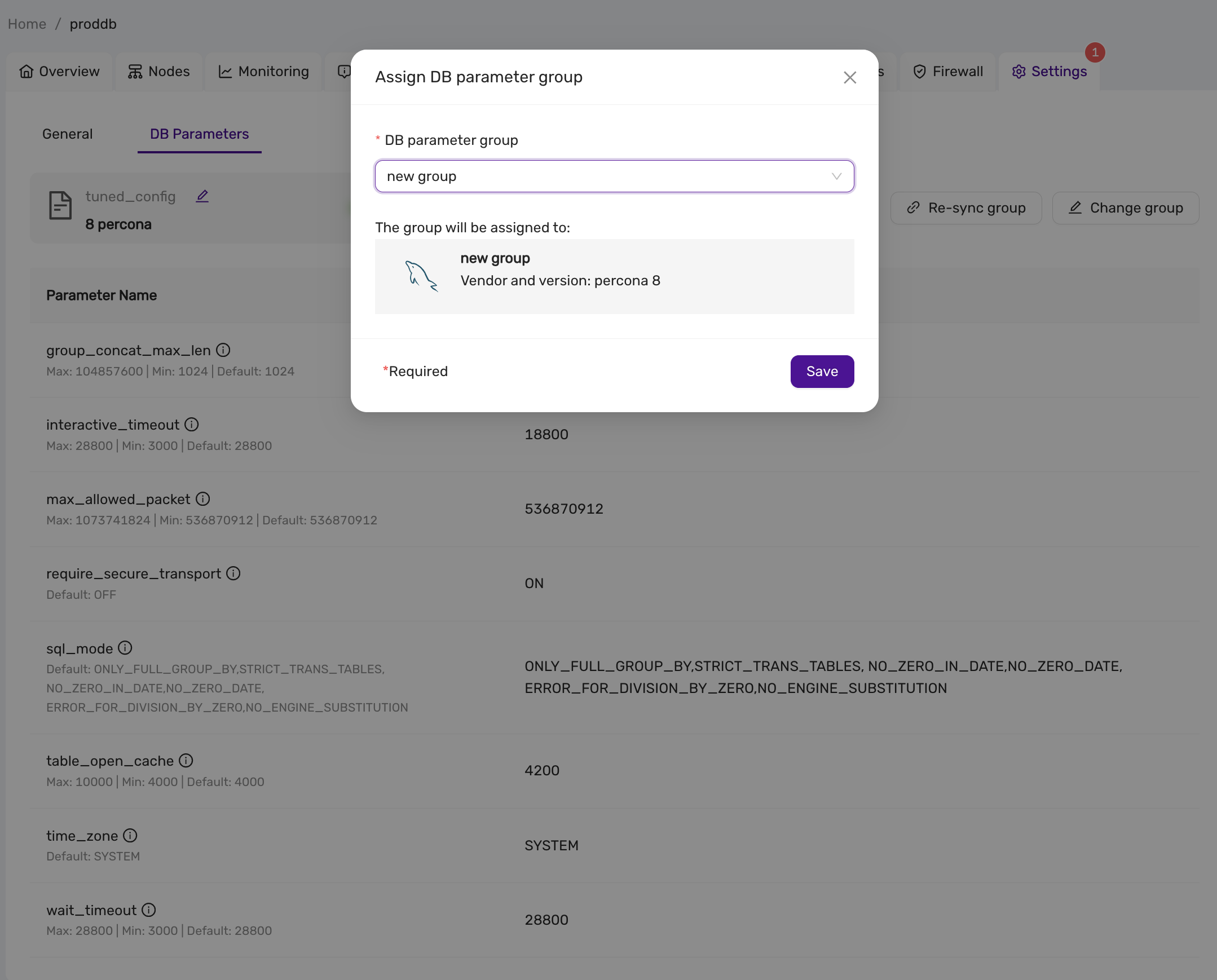 Assign a parameter group to datastore